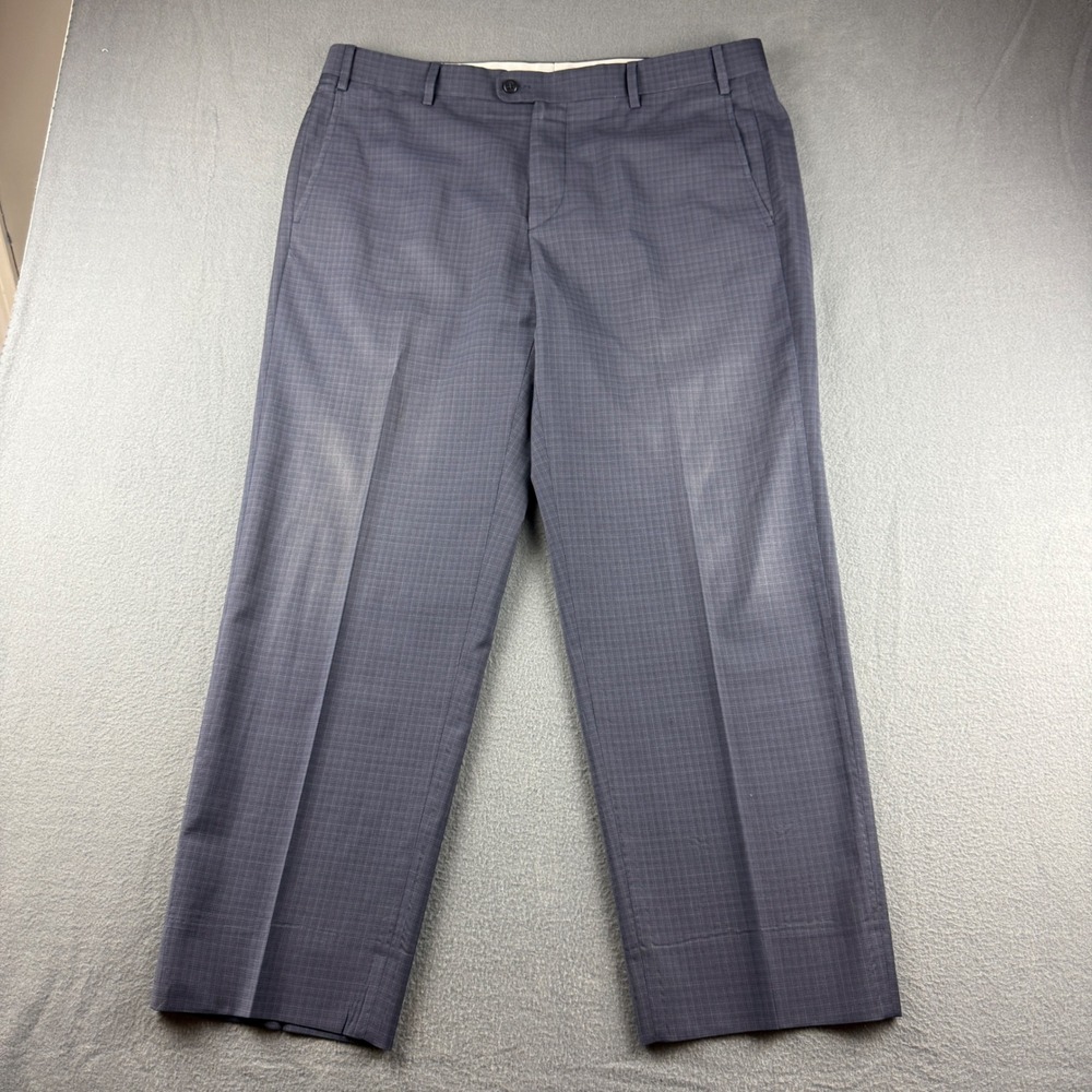 Zanella Devon Pants Men 36 (Fit 37x28) Blue Plaid Wool Dress Trousers Flat Italy